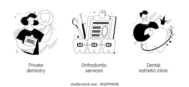 Teeth healthcare abstract concept vector illustration set. Private dentistry, orthodontic services, dental esthetic clinic, oral hygiene, smile treatment, emergency dentist abstract metaphor.