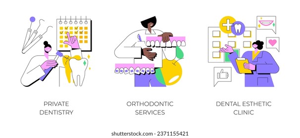 Teeth healthcare abstract concept vector illustration set. Private dentistry, orthodontic services, dental esthetic clinic, oral hygiene, smile treatment, emergency dentist abstract metaphor.