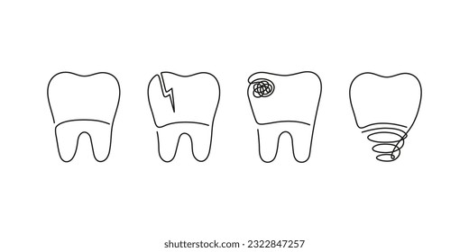 Teeth healthy, pain and implant tooth set, continuous art line drawing. Dentistry health. Vector outline illustration