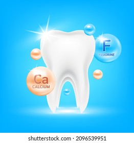 Teeth healthy sparkling with minerals calcium and fluorine. Therapy helps maintain tooth, strong bone. Medical check up health and dentistry concept. 3D Vector EPS10 illustration.