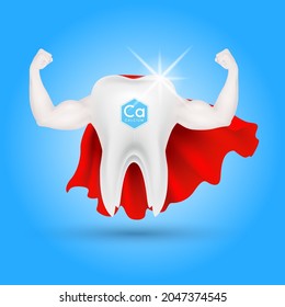 Teeth healthy sparkling white looks like superheroes and muscle hand  strong with calcium. Can be used in children dentist clinic. Medical check up health and dentistry concept. 3D vector.