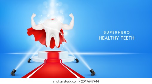Teeth healthy sparkling white looks like superheroes and muscle hand  strong with calcium on podium with red carpet illuminated spotlights. Medical check up health and dentistry concept. 3D vector.