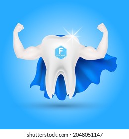 Teeth healthy sparkling white looks like superheroes blue dress and muscle hand  strong with calcium fluorine. Can be used in children dentist clinic. Medical health and dentistry concept. 3D vector.