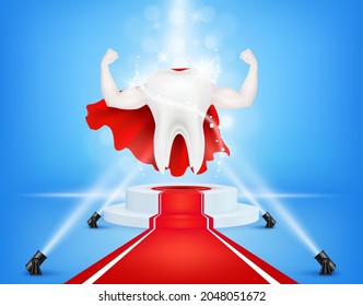 Teeth healthy sparkling white looks like superheroes and muscle hand  strong with calcium on podium with red carpet illuminated spotlights. Medical check up health and dentistry concept. 3D vector.