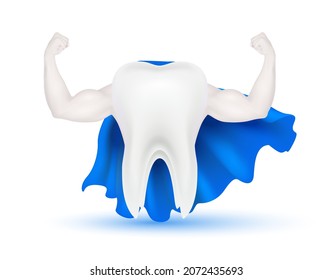 Teeth healthy sparkling white looks like superheroes red dress and muscle hand  strong with calcium and fluorine. Can be used in children dentist clinic. Medical health, dentistry concept. 3D vector.