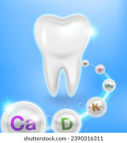 Teeth healthy strong with vitamin minerals from calcium, vitamin D, phosphorus, magnesium and fluorine. Concept of dentistry and bone strengthening. Realistic EPS file.