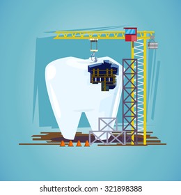 teeth with hoisting crane. treatment procedure, dental conceptual - vector illustration