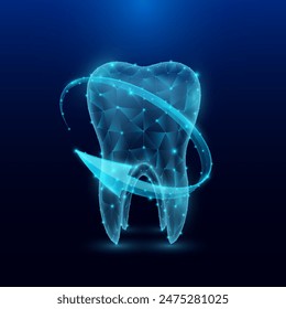 Teeth human organ anatomy in form style polygon low poly surrounded by arrows glowing on dark blue background. Used for design medical science advertisements. Vector EPS10 illustration.