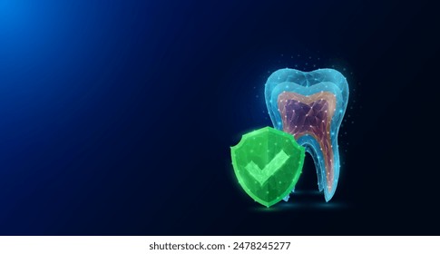 Dientes anatomía de órganos humanos en estilo poligonal con marca de verificación en el escudo verde que brilla sobre fondo azul oscuro. Símbolo de protección de la ciencia médica. Anuncio espacio en blanco para texto. Vector EPS10.