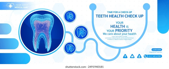 Teeth human in stethoscope frame. Medical health care check up. Magnifying glass examining organ icon. Template design background banner for medical ads social media editable. Vector.