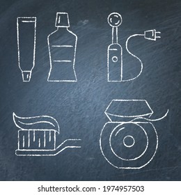 Teeth hygiene and cleaning icon set on chalkboard. Toothbrush, toothpaste and dental floss symbols. Stomatology vector illustration.
