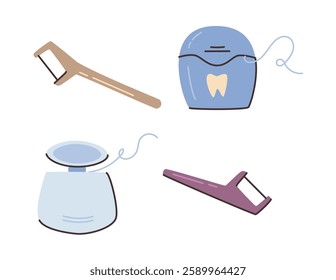 Teeth hygiene and dental care. Vector isolated types of floss for reducing food parts stuck between teeth. Care and treatment for patients, everyday help for tooth health. Stomatology products