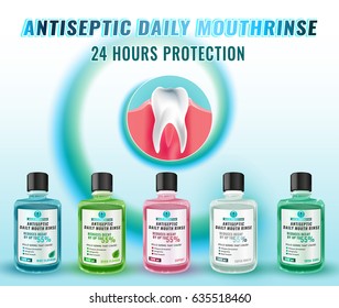 Teeth hygiene vector illustration with mouthrinse bottles. Useful for poster, leaflet, brochure or ad graphic design. Daily preventive care concept.