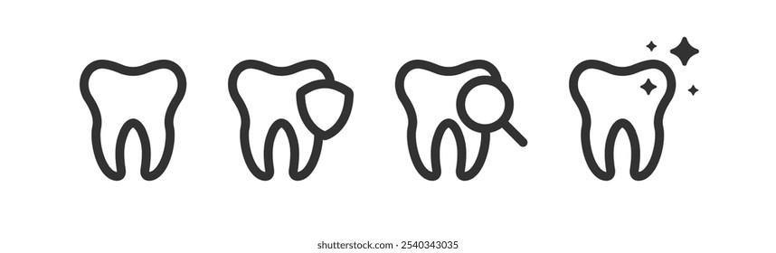 Ícone de dentes. Saúde dentária. Limpo, escudo, lupa sinal boca oral.