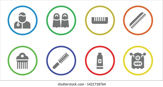 teeth icon set. 8 filled teeth icons.  Collection Of - Veterinarian, Comb, Fins, Toothpaste, Monster