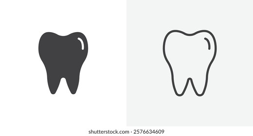 Teeth icon set in black flat solid and outlined style.