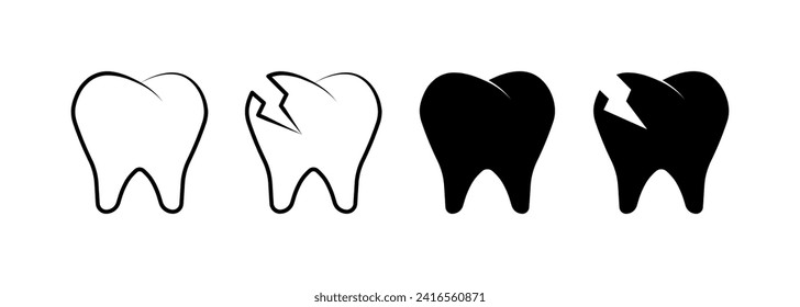 Juego de iconos de dientes. Diente roto. Lineal y silueta. Iconos del vector
