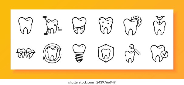 Teeth icon set. Caries, dentist, mouth, fangs, enamel, paste, pain, jaw, brush, gums, tongue. Black icon on a white background. Vector line icon for business and advertising