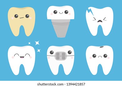Teeth icon set. Cracked, broken, healthy yellow white ill tooth dental implant prosthesis, braces. Cute cartoon kawaii character. Shining star. Oral dental hygiene. Baby background. Flat design Vector
