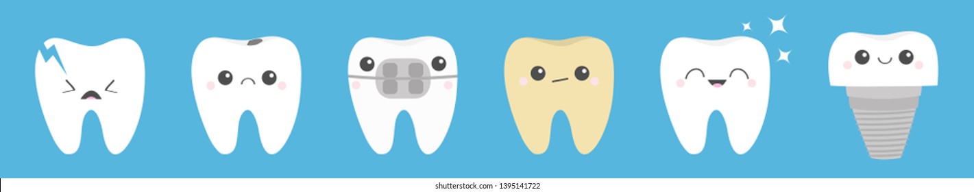 Teeth icon set line. Cracked, broken, healthy white yellow ill tooth dental implant prosthesis, braces. Shining star. Cute cartoon kawaii character. Oral dental hygiene. Baby background. Flat Vector