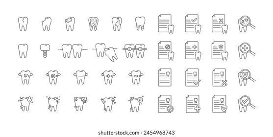 Teeth icons set of 37 pcs. Outline icon illustration. Symbol. Dental documents icon, sick tooth, wisdom zoom. Healthy teeth. Shiny teeth.