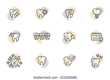 Iconos de dientes. Atención dental, control preventivo, servicios de estomatología, diente sonriente. Limpieza, protección, tratamiento. Equipo de atención dental y elementos médicos. Vector