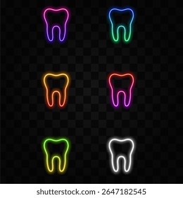 Teeth icons set. neon style.Dentistry. Dental treatment in a dental clinic. Vector illustration.
