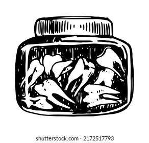 Teeth in jar, spooky occult items doodle. Halloween hand drawn vector illustration in retro style. Dark theme ink sketch isolated on white.