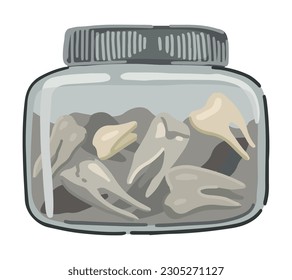 Teeth in jar, spooky occult items doodle. Halloween vector illustration in modern style. Creepy clipart isolated on white background..