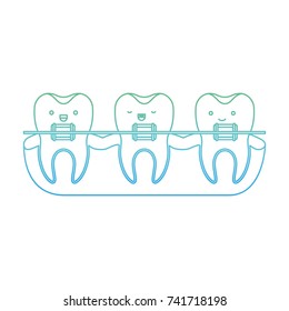 teeth kawaii with braces in degraded green to blue color contour vector illustration