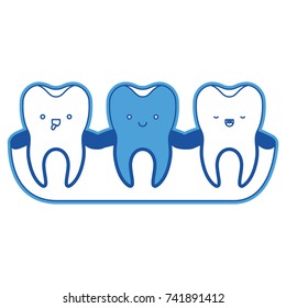 teeth kawaii expression with root of the tooth at sight in blue silhouette vector illustration