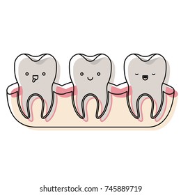teeth kawaii expression with root of the tooth at sight in watercolor silhouette vector illustration