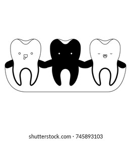 teeth kawaii expression with root of the tooth at sight in black silhouette vector illustration