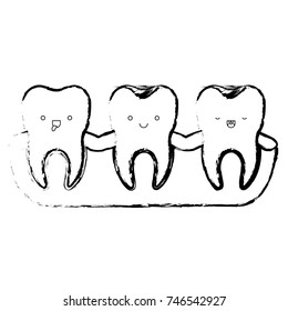 teeth kawaii expression with root of the tooth at sight in monochrome blurred silhouette vector illustration