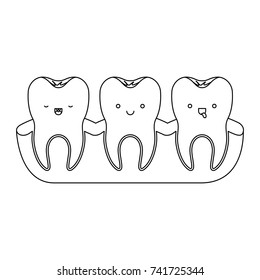 teeth kawaii with root of the tooth at sight in monochrome silhouette vector illustration