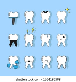 Teeth line style set with different tooth conditions. Healthy and bad teeth. Set of teeth icons in flat style isolated. Flat style teeth.  Dentistry Oral care. Vector.
