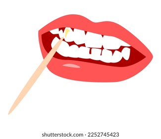 dientes, labios y palillos de dientes. Las marcas de los alimentos se pegan a la superficie dental. concepto dental, tratamiento. ilustración vectorial.