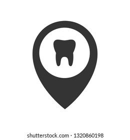 Teeth in location marker pin icon. Dental hospital location search vector icon concept. Dental clinic icon.