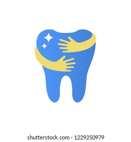 Teeth logo sign vector illustration. Hugging tooth symbol. Dentist and dentistry logotype template.