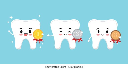 Dientes con medallas de oro, plata, bronce con ramas de laurel y cinta roja aislados en fondo blanco. Diente blanco saludable con emblema de primer, segundo, tercer lugar. Ilustración de diseño plana vectorial.