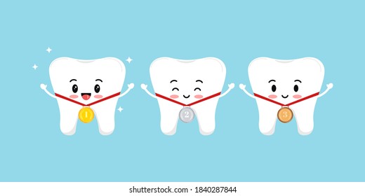 Teeth and medal golden, silver, bronze with laurel branches and red ribbon isolated on background. Dental tooth competition set with first, second, third place emblem. Vector flat design illustration.