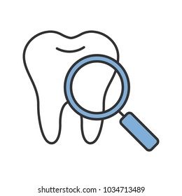 Teeth medical check color icon. Tooth with magnifying glass. Isolated vector illustration
