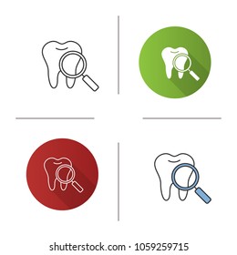 Teeth medical check icon. Tooth with magnifying glass. Flat design, linear and color styles. Isolated vector illustrations