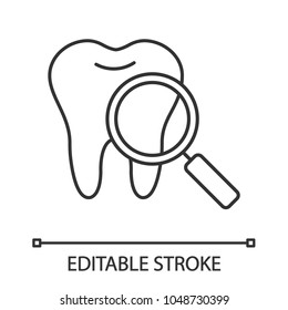 Teeth medical check linear icon. Thin line illustration. Tooth with magnifying glass. Contour symbol. Vector isolated drawing