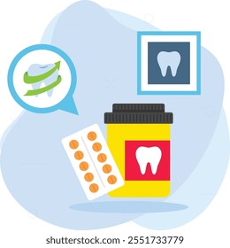 Medicina de los dientes Píldoras y aliviadores Antibióticos Tabletas Concepto de tarro, Alivio del dolor de los dientes Kit de medicación Diseño de ícono de color de Vector, Símbolo de odontología, Signo de atención médica, Instrumento dental Ilustración de stock