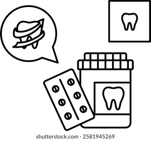 Teeth Medicine Pills and Relievers Antibiotics Tablets Jar concept, Tooth Pain relief Medication Kit vector icon design, Dentistry symbol, Healthcare sign, Dental instrument illustration