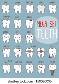 Teeth mega set. Big dental collection for your design. Many various vector cartoons - sad, happy, hipster tooth, etc. Illustrations for children dentistry about toothache and treatment.