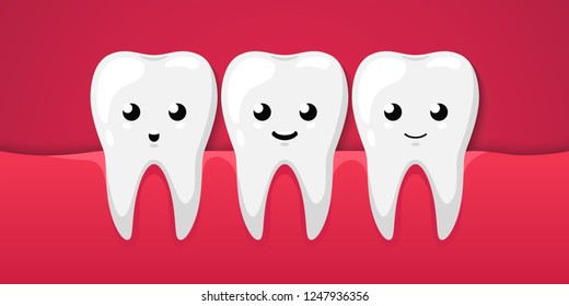 Teeth in the mouth. Clean happy and smiling. Cute cartoon character. Dental health. Simple cartoon design. Flat style vector illustration.