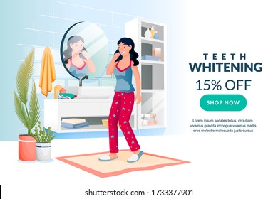 Teeth and mouth home care, morning routine concept. Young woman brushing her teeth in modern bathroom. Vector flat cartoon character illustration. Girl holding toothbrush and looking in mirror