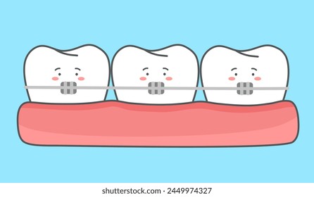 Teeth with orthodontic bracket cartoon in flat design. Dental orthodontic treatment.